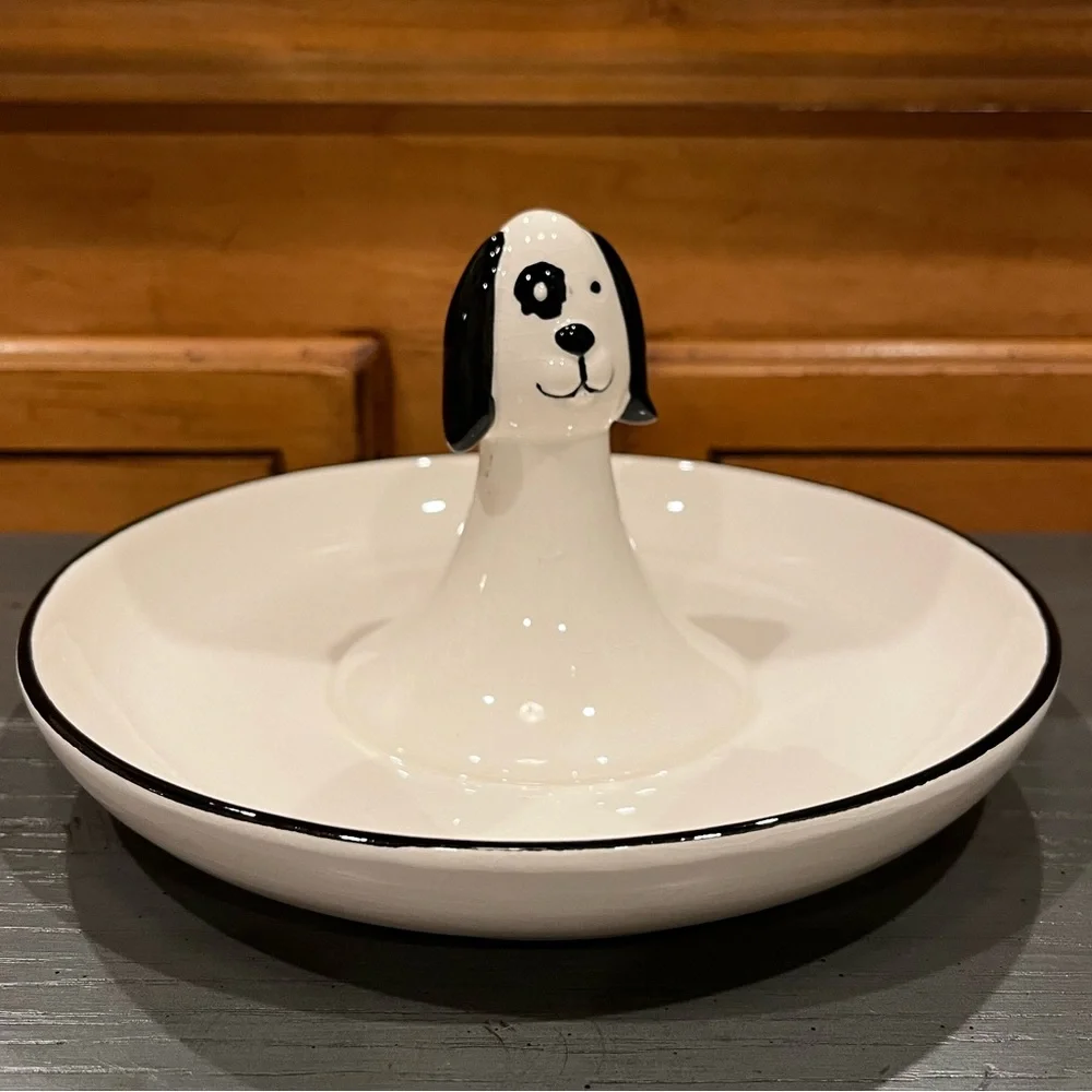 NEW Gerson Lone Elm Studios Black & White Porcelain Dog Themed Ring Jewelry Dish